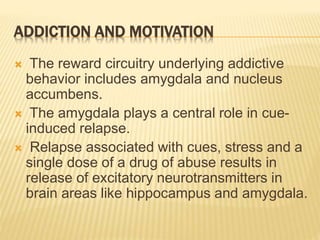 ADDICTION AND MOTIVATION
 The reward circuitry underlying addictive
behavior includes amygdala and nucleus
accumbens.
 The amygdala plays a central role in cue-
induced relapse.
 Relapse associated with cues, stress and a
single dose of a drug of abuse results in
release of excitatory neurotransmitters in
brain areas like hippocampus and amygdala.
 