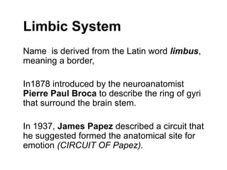 Limbic System
Name is derived from the Latin word limbus,
meaning a border,
In1878 introduced by the neuroanatomist
Pierre Paul Broca to describe the ring of gyri
that surround the brain stem.
In 1937, James Papez described a circuit that
he suggested formed the anatomical site for
emotion (CIRCUIT OF Papez).
 