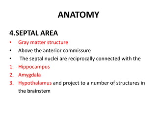 ANATOMY
4.SEPTAL AREA
• Gray matter structure
• Above the anterior commissure
• The septal nuclei are reciprocally connected with the
1. Hippocampus
2. Amygdala
3. Hypothalamus and project to a number of structures in
the brainstem
 