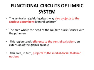 FUNCTIONAL CIRCUITS OF LIMBIC
SYSTEM
• The ventral amygdalofugal pathway also projects to the
Nucleus accumbens (ventral striatum)
• The area where the head of the caudate nucleus fuses with
the putamen
• This region sends efferents to the ventral palladium, an
extension of the globus pallidus
• This area, in turn, projects to the medial dorsal thalamic
nucleus
 