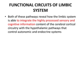 FUNCTIONAL CIRCUITS OF LIMBIC
SYSTEM
• Both of these pathways reveal how the limbic system
is able to integrate the highly processed sensory and
cognitive information content of the cerebral cortical
circuitry with the hypothalamic pathways that
control autonomic and endocrine systems
 