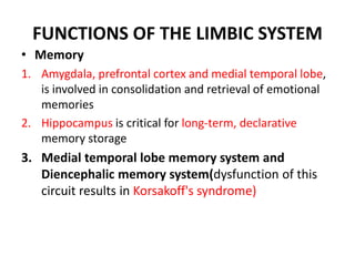 FUNCTIONS OF THE LIMBIC SYSTEM
• Memory
1. Amygdala, prefrontal cortex and medial temporal lobe,
is involved in consolidation and retrieval of emotional
memories
2. Hippocampus is critical for long-term, declarative
memory storage
3. Medial temporal lobe memory system and
Diencephalic memory system(dysfunction of this
circuit results in Korsakoff's syndrome)
 