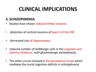 CLINICAL IMPLICATIONS
3. SCHIZOPHRENIA
• Studies have shown reduced limbic volumes
• distortion of cortical neurons of layer II of the ERC
• decreased size of hippocampus
• reduced number of GABAergic cells in the cingulate and
anterior thalamus with glutamatergic excitotoxicity
• The other circuit involved is the basolateral circuit which
mediates the social cognition deficits in schizophrenia
 