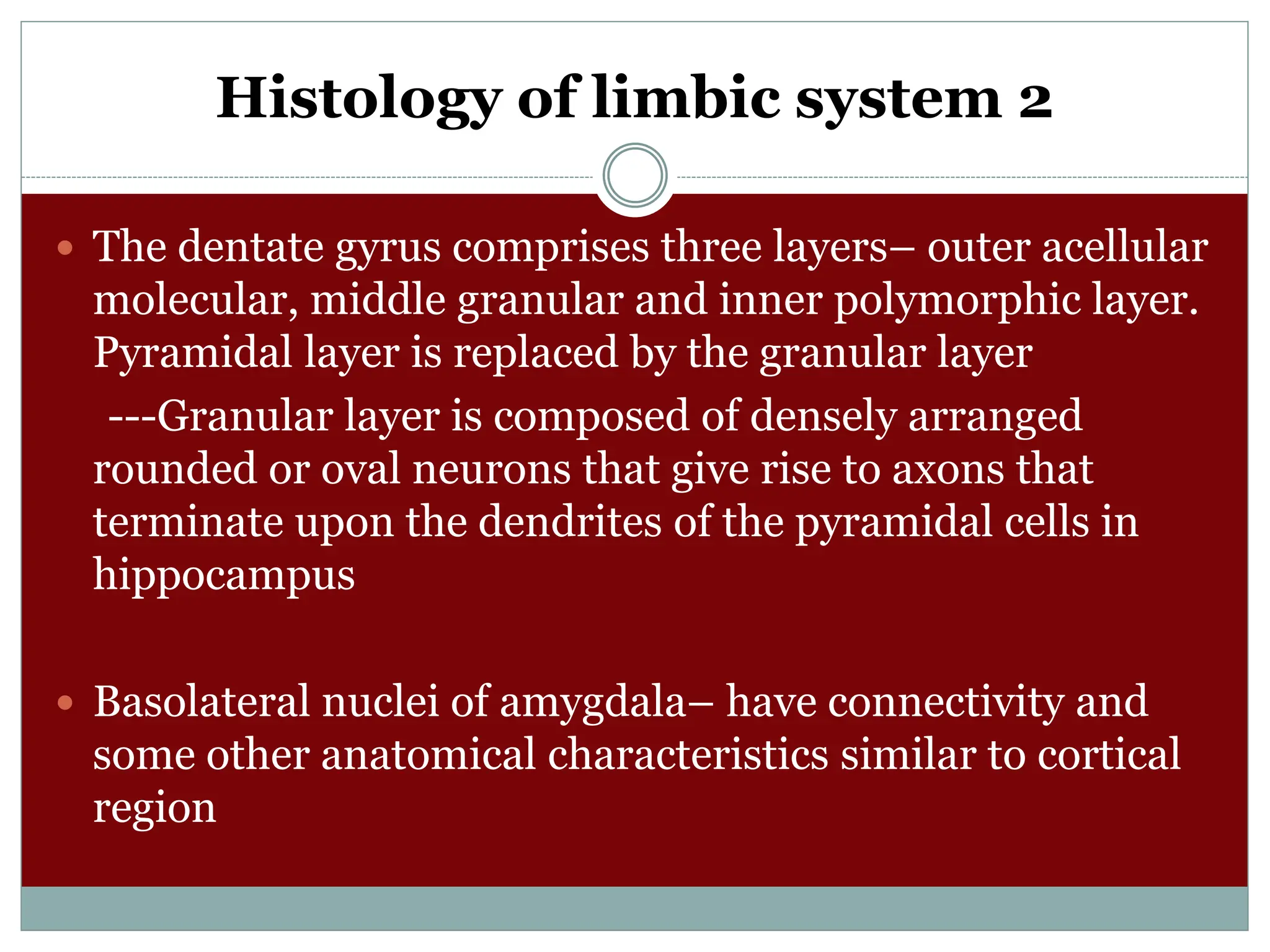 Histology of limbic system 2
 The dentate gyrus comprises three layers– outer acellular
molecular, middle granular and inner polymorphic layer.
Pyramidal layer is replaced by the granular layer
---Granular layer is composed of densely arranged
rounded or oval neurons that give rise to axons that
terminate upon the dendrites of the pyramidal cells in
hippocampus
 Basolateral nuclei of amygdala– have connectivity and
some other anatomical characteristics similar to cortical
region
 