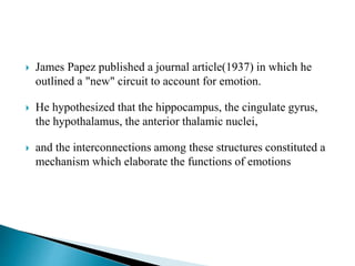  James Papez published a journal article(1937) in which he
outlined a "new" circuit to account for emotion.
 He hypothesized that the hippocampus, the cingulate gyrus,
the hypothalamus, the anterior thalamic nuclei,
 and the interconnections among these structures constituted a
mechanism which elaborate the functions of emotions
 