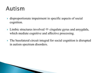  disproportionate impairment in specific aspects of social
cognition.
 Limbic structures involved  cingulate gyrus and amygdala,
which mediate cognitive and affective processing.
 The basolateral circuit integral for social cognition is disrupted
in autism spectrum disorders.
 