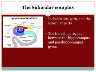 The Subicular complex
 Includes pre, para, and the

subicular parts
 The transition region
)

between the hippocampus
and parahippocampal
gyrus

 