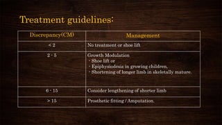 Treatment guidelines:
Discrepancy(CM) Management
< 2 No treatment or shoe lift
2 - 5 Growth Modulation
- Shoe lift or
- Epiphysiodesis in growing children,
- Shortening of longer limb in skeletally mature.
6 - 15 Consider lengthening of shorter limb
> 15 Prosthetic fitting / Amputation.
 