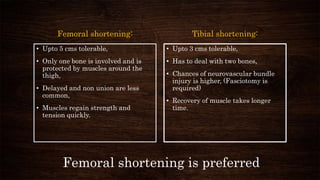 Femoral shortening is preferred
Femoral shortening:
• Upto 5 cms tolerable,
• Only one bone is involved and is
protected by muscles around the
thigh,
• Delayed and non union are less
common,
• Muscles regain strength and
tension quickly.
Tibial shortening:
• Upto 3 cms tolerable,
• Has to deal with two bones,
• Chances of neurovascular bundle
injury is higher, (Fasciotomy is
required)
• Recovery of muscle takes longer
time.
 