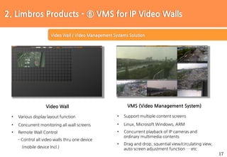 17
Video Wall / Video Management Systems Solution
2. Limbros Products - ⑥ VMS for IP Video Walls
Video Wall
• Various display layout function
• Concurrent monitoring all wall screens
• Remote Wall Control
- Control all video walls thru one device
(mobile device Incl.)
VMS (Video Management System)
• Support multiple content screens
• Linux, Microsoft Windows, ARM
• Concurrent playback of IP cameras and
ordinary multimedia contents
• Drag and drop, squential view/circulating view,
auto screen adjustment function … etc
 