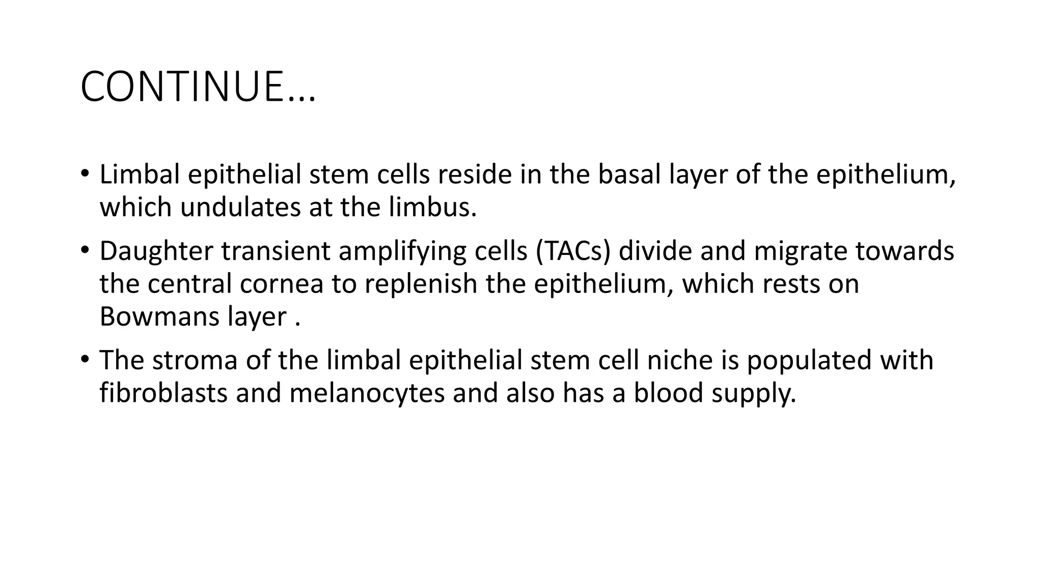 CONTINUE…
• Limbal epithelial stem cells reside in the basal layer of the epithelium,
which undulates at the limbus.
• Daughter transient amplifying cells (TACs) divide and migrate towards
the central cornea to replenish the epithelium, which rests on
Bowmans layer .
• The stroma of the limbal epithelial stem cell niche is populated with
fibroblasts and melanocytes and also has a blood supply.
 