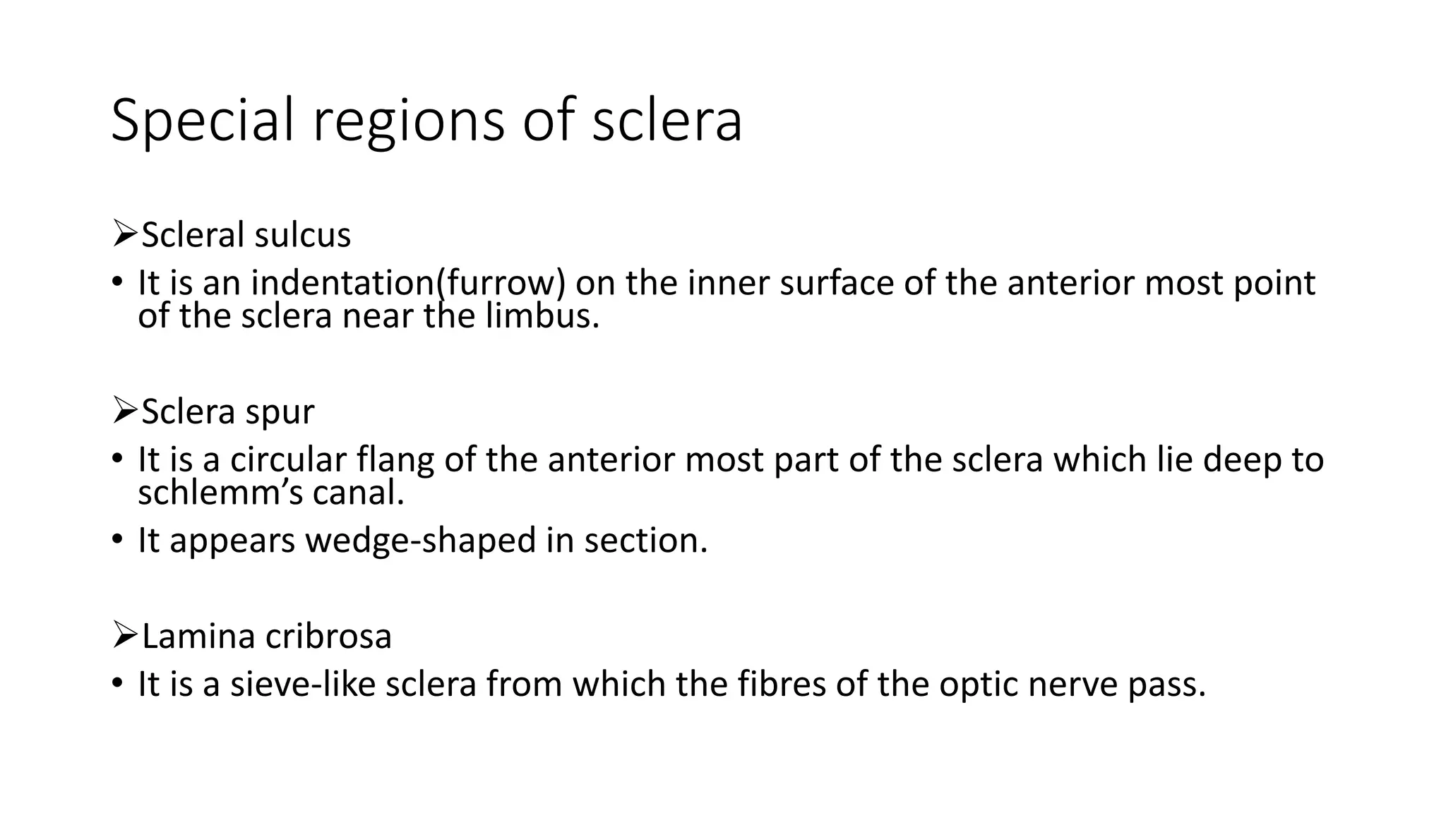 Special regions of sclera
Scleral sulcus
• It is an indentation(furrow) on the inner surface of the anterior most point
of the sclera near the limbus.
Sclera spur
• It is a circular flang of the anterior most part of the sclera which lie deep to
schlemm’s canal.
• It appears wedge-shaped in section.
Lamina cribrosa
• It is a sieve-like sclera from which the fibres of the optic nerve pass.
 
