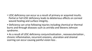 • LESC deficiency can occur as a result of primary or acquired insults.
Partial or full LESC deficiency leads to deleterious effects on corneal
wound healing and surface integrity .
• Deficiency can arise following injuries including chemical or thermal
burns and through diseases such as aniridia and Stevens Johnson
syndrome .
• As a result of LESC deficiency conjunctivalisation , neovascularization ,
chronic inflammation, recurrent erosions, ulceration and stromal
scarring can occur causing painful vision loss .
 