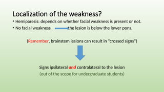 Localization of the weakness?
• Hemiparesis: depends on whether facial weakness is present or not.
• No facial weakness the lesion is below the lower pons.
(Remember, brainstem lesions can result in “crossed signs”)
Signs ipsilateral and contralateral to the lesion
(out of the scope for undergraduate students)
 
