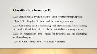 Classification based on ISI
Class A: Eminently hydraulic lime - used for structural purposes.
Class B: Semi-hydraulic lime used for masonry mortars.
Class C: Fat lime used for finishing coat of plastering, whitewashing,
etc., and with addition of pozzolanic material for masonry mortar.
Class D: Magnesium lime - used for finishing coat in plastering,
whitewashing, ect.
Class F: Kankar lime - used for masonry mortars.
 