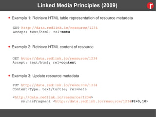 Linked Media Principles (2009)
➔ Example 1: Retrieve HTML table representation of resource metadata
➔ Example 2: Retrieve ...
