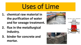 1. chemical raw material in
the purification of water
and for sewage treatment.
2. flux in the metallurgical
industry.
3. binder for concrete and
mortar.
Uses of Lime
 