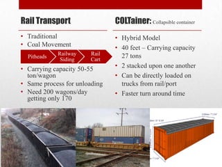 Rail Transport                 COLTainer: Collapsible container
• Traditional                  • Hybrid Model
• Coal Movement                • 40 feet – Carrying capacity
             Railway   Rail      27 tons
  Pitheads
              Siding   Cart
• Carrying capacity 50-55      • 2 stacked upon one another
  ton/wagon                    • Can be directly loaded on
• Same process for unloading     trucks from rail/port
• Need 200 wagons/day          • Faster turn around time
  getting only 170
 