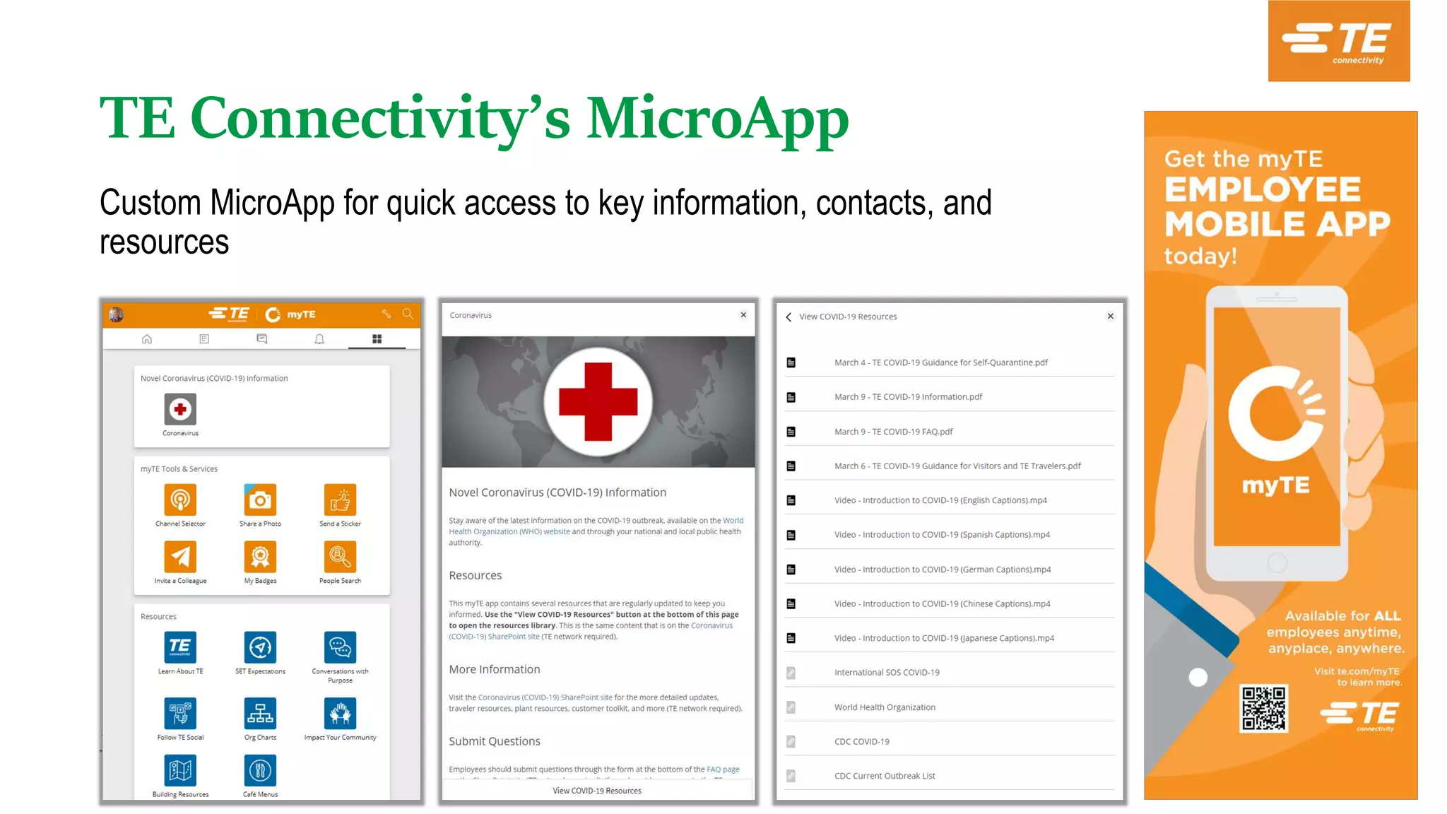 TE Connectivity’s MicroApp
Custom MicroApp for quick access to key information, contacts, and
resources
 