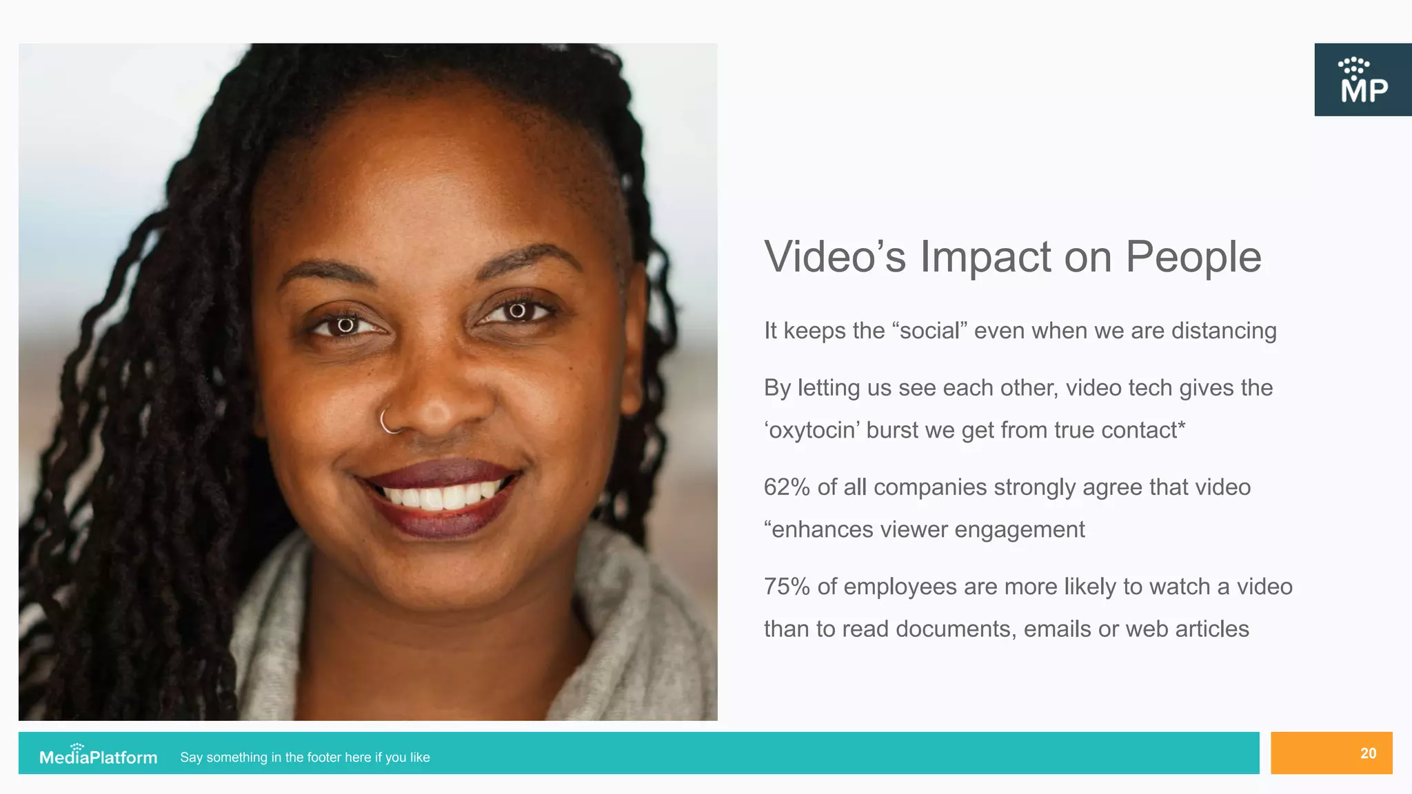 Video’s Impact on People
It keeps the “social” even when we are distancing
By letting us see each other, video tech gives the
‘oxytocin’ burst we get from true contact*
62% of all companies strongly agree that video
“enhances viewer engagement
75% of employees are more likely to watch a video
than to read documents, emails or web articles
Say something in the footer here if you like 20
 