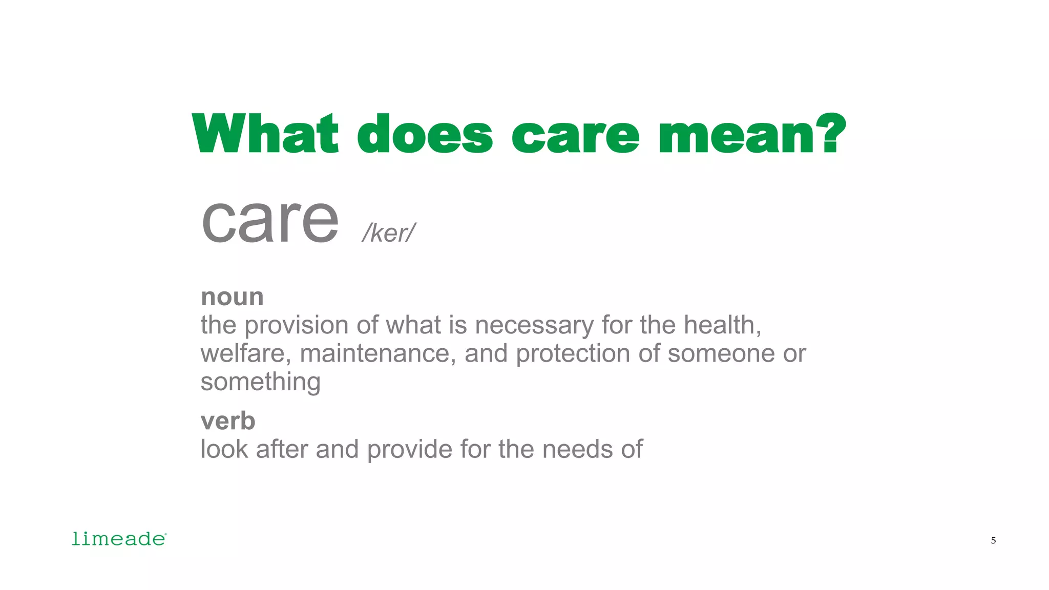What does care mean?
care /ker/
noun
the provision of what is necessary for the health,
welfare, maintenance, and protection of someone or
something
verb
look after and provide for the needs of
5
 