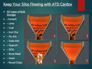  All Types of Bulk
Storage:
 -Cement
 – Lime
 – Coal
 – Iron Ore
 – Fly Ash
 – Soda Ash
 – Gypsum
 – DDG
 – Bone Meal
 – Grain
 - Wood Chips
Keep Your Silos Flowing with ATD Cardox
 
