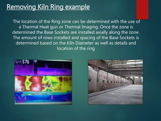 Removing Kiln Ring example
The location of the Ring zone can be determined with the use of
a Thermal Heat gun or Thermal Imaging. Once the zone is
determined the Base Sockets are installed axially along the zone.
The amount of rows installed and spacing of the Base Sockets is
determined based on the Kiln Diameter as well as details and
location of the ring
 