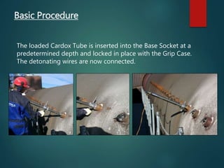 Basic Procedure
The loaded Cardox Tube is inserted into the Base Socket at a
predetermined depth and locked in place with the Grip Case.
The detonating wires are now connected.
 
