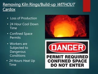 Removing Kiln Rings/Build-up WITHOUT
Cardox
• 24 Hour Cool Down
Time
• Confined Space
Permits
• Workers are
Subjected to
Dangerous
Conditions
• 24 Hours Heat Up
Time
• Loss of Production
 