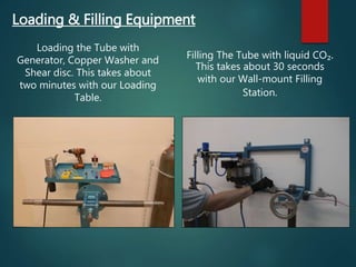 Loading the Tube with
Generator, Copper Washer and
Shear disc. This takes about
two minutes with our Loading
Table.
Filling The Tube with liquid CO₂.
This takes about 30 seconds
with our Wall-mount Filling
Station.
Loading & Filling Equipment
 