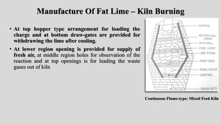 Manufacture Of Fat Lime – Kiln Burning
• At top hopper type arrangement for loading the
charge and at bottom draw-gates are provided for
withdrawing the lime after cooling.
• At lower region opening is provided for supply of
fresh air, at middle region holes for observation of the
reaction and at top openings is for leading the waste
gases out of kiln
Continuous Flame-type: Mixed Feed Kiln
 
