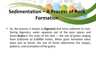 • So, the process is known as Digenesis that turns sediment to rock.
During digenesis, water squeezes out of the pore spaces and
forms Grains in the mass of the rock — the size of grains ranging
from 0.001mm to 0.00004 inches. When grain formation takes
place due to fossils, the size of fossils determines the shapes,
patterns, and orientation of the grains.
Sedimentation – A Process of Rock 
Formation
 