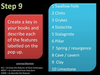 Step 5Shade everything else limestone greyLearning ObjectivesALL = to know the features of Karst landscapesMOST = to understand how they formSOME = to describe the features