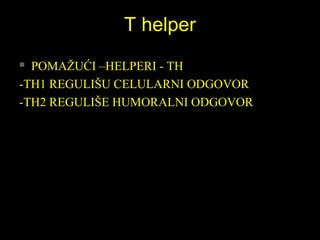 T helperT helper
 POMAŽUĆI –HELPERI - TH
-TH1 REGULIŠU CELULARNI ODGOVOR
-TH2 REGULIŠE HUMORALNI ODGOVOR
 