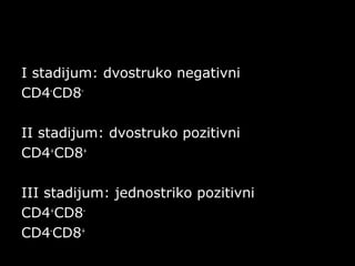 I stadijum: dvostruko negativniI stadijum: dvostruko negativni
CD4CD4--
CD8CD8--
II stadijum: dvostruko pozitivniII stadijum: dvostruko pozitivni
CD4CD4++
CD8CD8++
III stadijum: jednostriko pozitivniIII stadijum: jednostriko pozitivni
CD4CD4++
CD8CD8--
CD4CD4--
CD8CD8++
 