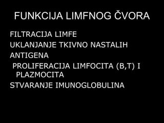 FUNKCIJA LIMFNOG ČVORAFUNKCIJA LIMFNOG ČVORA
FILTRACIJA LIMFEFILTRACIJA LIMFE
UKLANJANJE TKIVNO NASTALIHUKLANJANJE TKIVNO NASTALIH
ANTIGENAANTIGENA
PROLIFERACIJA LIMFOCITA (B,T) IPROLIFERACIJA LIMFOCITA (B,T) I
PLAZMOCITAPLAZMOCITA
STVARANJE IMUNOGLOBULINASTVARANJE IMUNOGLOBULINA
 