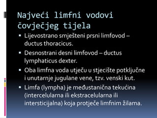Najveći limfni vodovi
čovječjeg tijela
 Lijevostrano smješteni prsni limfovod –

ductus thoracicus.
 Desnostrani desni limfovod – ductus
lymphaticus dexter.
 Oba limfna voda utječu u stjecište potključne
i unutarnje jugulane vene, tzv. venski kut.
 Limfa (lympha) je međustanična tekućina
(intercelularna ili ekstracelularna ili
intersticijalna) koja protječe limfnim žilama.

 