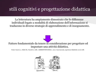 stili cognitivi e progettazione didattica

      La letteratura ha ampiamente dimostrato che le differenze
   individuali legate a modalità di elaborazione dell'informazione si
 traducono in diverse strategie di apprendimento e di insegnamento.




Fattore fondamentale da tenere in considerazione per progettare ed
                 impostare una attività didattica.
  Fonte: Guerra L., Fabbri M., Pacetti E., LIM, «AMBIENTINFANZIA», 2010. Innovascuola, esperienze didattiche con la LIM.
 