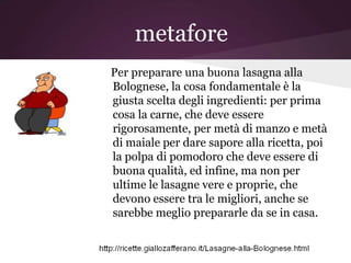 metafore
Per preparare una buona lasagna alla
Bolognese, la cosa fondamentale è la
giusta scelta degli ingredienti: per prima
cosa la carne, che deve essere
rigorosamente, per metà di manzo e metà
di maiale per dare sapore alla ricetta, poi
la polpa di pomodoro che deve essere di
buona qualità, ed infine, ma non per
ultime le lasagne vere e proprie, che
devono essere tra le migliori, anche se
sarebbe meglio prepararle da se in casa.
 