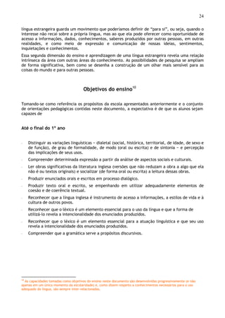 24
língua estrangeira guarda um movimento que poderíamos definir de “para si”, ou seja, quando o
interesse não recai sobre a própria língua, mas ao que ela pode oferecer como oportunidade de
acesso a informações, dados, conhecimentos, saberes produzidos por outras pessoas, em outras
realidades, e como meio de expressão e comunicação de nossas ideias, sentimentos,
inquietações e conhecimentos.
Essa segunda dimensão do ensino e aprendizagem de uma língua estrangeira revela uma relação
intrínseca da área com outras áreas do conhecimento. As possibilidades de pesquisa se ampliam
de forma significativa, bem como se desenha a construção de um olhar mais sensível para as
coisas do mundo e para outras pessoas.
Objetivos do ensino10
Tomando-se como referência os propósitos da escola apresentados anteriormente e o conjunto
de orientações pedagógicas contidas neste documento, a expectativa é de que os alunos sejam
capazes de
Até o final do 1º ano
◦ Distinguir as variações linguísticas − dialetal (social, histórica, territorial, de idade, de sexo e
de função), de grau de formalidade, de modo (oral ou escrita) e de sintonia − e percepção
das implicações de seus usos.
◦ Compreender determinada expressão a partir da análise de aspectos sociais e culturais.
◦ Ler obras significativas da literatura inglesa (versões que não reduzam a obra a algo que ela
não é ou textos originais) e socializar (de forma oral ou escrita) a leitura dessas obras.
◦ Produzir enunciados orais e escritos em processo dialógico.
◦ Produzir texto oral e escrito, se empenhando em utilizar adequadamente elementos de
coesão e de coerência textual.
◦ Reconhecer que a língua inglesa é instrumento de acesso a informações, a estilos de vida e à
cultura de outros povos.
◦ Reconhecer que o léxico é um elemento essencial para o uso da língua e que a forma de
utilizá-lo revela a intencionalidade dos enunciados produzidos.
◦ Reconhecer que o léxico é um elemento essencial para a atuação linguística e que seu uso
revela a intencionalidade dos enunciados produzidos.
◦ Compreender que a gramática serve a propósitos discursivos.
10
As capacidades tomadas como objetivos do ensino neste documento são desenvolvidas progressivamente (e não
apenas em um único momento da escolaridade) e, como dizem respeito a conhecimentos necessários para o uso
adequado da língua, são sempre inter-relacionadas.
 