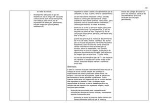 30
ao redor do mundo.
◦ Desempenho adequado no que diz
respeito ao uso da língua em situações
comunicativas orais de caráter formal,
com atenção para evitar uso de
expressões de hesitação, abreviações,
orações longas em que se perde o
referente etc.
respeitem a ordem canônica dos elementos que as
compõem, ou seja, sujeito, verbo e complemento;
- uso de marcadores temporais como o passado
simples e construções adverbiais de tempo
(sobretudo marcadores precisos como datas), para
expressar fatos e acontecimentos referentes à
colonização britânica ao redor do mundo;
- estimular os alunos a adicionar explicações além
de descrever fatos e acontecimentos, o que vai
requerer do ponto de vista linguístico o uso de
conjunções explicativas: because, the reason why,
that is why etc.;
- quando da apreciação e análise de documentários
de TV ou de rádio, chamar a atenção dos alunos
para a inclusão de pequenas narrativas nos textos
expositivos. Esse recurso visa tornar textos de
caráter informativo mais atraentes para o
ouvinte, leitor ou expectador. Isso é muito
significativo no que diz respeito à veiculação de
pequenos documentários em rádio, pela ausência
da imagem que caracteriza a TV como mídia;
- no caso de documentários para a TV, não esquecer
de trabalhar a relação entre texto verbal e não-
verbal, buscando sempre manter a coerência
entre eles.
Observação:
O ideal é criarmos situações comunicativas reais em que os
colegas de outras turmas possam ser ouvintes ou
expectadores dos textos produzidos pelos alunos. No
entanto, caso isso não seja possível, pode-se pensar em
performances a serem gravadas e analisadas. Outra
questão importante diz respeito ao uso de tempos verbais
que expressam o passado. Caso o professor veja a
possibilidade de ensinar o uso do passado perfeito na
relação que ele mantém com o passado simples, esta é
uma boa oportunidade.
◦ Produção de enunciados orais compartilhando
informações obtidas em fontes diversas, expressando
opinião e atentando para:
- estimular os alunos a comparar dados obtidos em
fontes diferentes tanto no que se refere a
textos dos colegas de classe (a
partir da análise da gravação do
documentário e de outras
situações que se julgar
pertinentes).
 