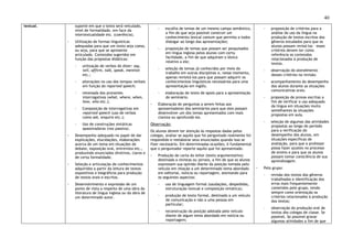 40
textual. suporte em que o texto será veiculado,
nível de formalidade, em face da
intertextualidade etc. (coerência).
◦ Utilização de formas linguísticas
adequadas para que um texto seja coeso,
ou seja, para que se apresente
articulado. Conteúdos sugeridos em
função das propostas didáticas:
- utilização de verbos do dizer: say,
tell, affirm, talk, speak, mention
etc.;
- alterações no uso dos tempos verbais
em função do reported speech;
- retomada dos pronomes
interrogativos (what, where, when,
how, who etc.);
- Composição de interrogativas em
reported speech (uso de verbos
como ask, enquire etc.);
- Uso de construções sintáticas
apassivadoras (voz passiva).
◦ Desempenho adequado no papel de dar
explicações, elucidações, elaborações
acerca de um tema em situações de
debate, exposição oral, entrevista etc.,
produzindo enunciados diretivos, claros e
de certa formalidade.
◦ Seleção e articulação de conhecimentos
adquiridos a partir da leitura de textos
expositivos e biográficos para produção
de textos orais e escritos.
◦ Desenvolvimento e expressão de um
ponto de vista a respeito de uma obra da
literatura de língua inglesa ou da obra de
um determinado autor.
- escolha de temas de um mesmo campo semântico,
a fim de que seja possível construir um
conhecimento lexical comum que permita a todos
dialogar ao longo das apresentações;
- proposição de temas que possam ser pesquisados
em língua inglesa pelos alunos com certa
facilidade, a fim de que adquiram o léxico
relativo a ele;
- seleção de temas já conhecidos por meio do
trabalho em outras disciplinas e, nesse momento,
apenas revisitá-los para que possam adquirir os
conhecimentos linguísticos necessários para uma
apresentação em inglês;
- elaboração de texto de apoio para a apresentação
do seminário.
◦ Elaboração de perguntas a serem feitas aos
apresentadores dos seminários para que eles possam
desenvolver um dos temas apresentados com mais
clareza ou aprofundá-los.
Observação:
Os alunos devem ter atenção às respostas dadas pelos
colegas, avaliar se aquilo que foi perguntado realmente foi
respondido e reelaborar seus enunciados quando isso se
fizer necessário. Em determinadas ocasiões, é fundamental
que o perguntador reporte aquilo que foi apresentado.
◦ Produção de carta do leitor (texto argumentativo)
destinada a revistas ou jornais, a fim de que os alunos
expressem sua opinião diante da posição tomada pelo
veículo em relação a um determinado tema abordado
em editorial, notícia ou reportagem, atentando para
os seguintes aspectos:
- uso de linguagem formal (saudações, despedidas,
estruturação textual e composição sintática);
- produção de texto formal, destinado a um veículo
de comunicação e não a uma pessoa em
particular;
- reconstrução da posição adotada pelo veículo
diante de algum tema abordado em notícia ou
reportagem;
- proposição de critérios para a
análise do uso da língua na
produção de textos escritos dos
gêneros estudados para que os
alunos possam revisá-los – esses
critérios devem ter como
referência os conteúdos
relacionados à produção de
textos.
- observação do atendimento
desses critérios na revisão.
- acompanhamento do desempenho
dos alunos durante as situações
comunicativas orais.
- proposição de provas escritas a
fim de verificar o uso adequado
da língua em situações muito
semelhantes às situações
propostas em aula.
- seleção de algumas das atividades
propostas ao longo do período
para a verificação do
desempenho dos alunos, em
situações específicas de
avaliação, para que o professor
possa fazer ajustes no processo
de ensino e para que os alunos
possam tomar consciência de sua
aprendizagem.
◦ Pelo grupo:
- revisão dos textos dos gêneros
trabalhados e identificação dos
erros mais frequentemente
cometidos pelo grupo, tendo
sempre como orientação os
critérios relacionados à produção
dos textos;
- observação da produção oral de
textos dos colegas de classe. Se
possível, Se possível gravar
algumas atividades a fim de que
 