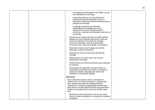 50
- a formulação de interrogativas em inglês e do uso
da modalidade oral da língua;
- o desenvolvimento de recursos discursivos,
antecipando possíveis digressões durante a
entrevista e preparando possíveis soluções para as
situações encontradas;
- o emprego de palavras ou expressões
modalizadoras da linguagem para que o
interlocutor se sinta à vontade durante a
entrevista e veja que o entrevistador valoriza seus
enunciados.
◦ Escuta/leitura e análise de textos do mesmo gênero
daquele que será produzido pelos alunos, para que
sirvam de referência (entrevistas de emprego,
anúncios de emprego, carta de apresentação,
curriculum vitae, fichas de emprego, por exemplo).
◦ Reescrita de anúncios de emprego para jornais
destinados a públicos diferentes.
◦ Simulação de uma entrevista para obtenção de
emprego.
◦ Elaboração de curriculum vitae e de carta de
apresentação do mesmo.
◦ Preenchimento de fichas de entrevistas para obtenção
de emprego.
◦ Participação em exposições orais para relatar as
experiências de pessoas mais velhas em relação ao
mundo do trabalho. Elaboração de painéis que
sintetizem as informações obtidas.
Observação:
Não é necessário explorar todos os conteúdos de
coerência em uma mesma produção. A atenção deve
estar voltada para fazer uma progressão desses
conteúdos em função das inadequações apresentadas
pelos alunos e escolher gêneros/textos que apresentem
também uma progressão em termos de desafios desse
tipo.
◦ Revisão dos textos produzidos, a fim de que sejam
feitos os ajustes necessários em relação aos conteúdos
estudados.
 