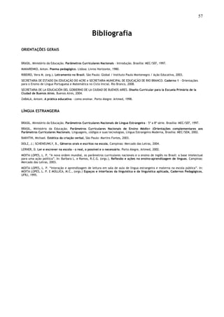 57
Bibliografia
ORIENTAÇÕES GERAIS
BRASIL. Ministério da Educação. Parâmetros Curriculares Nacionais - Introdução. Brasília: MEC/SEF, 1997.
MAKARENKO, Anton. Poema pedagógico. Lisboa: Livros Horizonte, 1980.
RIBEIRO, Vera M. (org.). Letramento no Brasil. São Paulo: Global / Instituto Paulo Montenegro / Ação Educativa, 2003.
SECRETARIA DE ESTADO DA EDUCAÇÃO DO ACRE e SECRETARIA MUNICIPAL DE EDUCAÇÃO DE RIO BRANCO. Caderno 1 – Orientações
para o Ensino de Língua Portuguesa e Matemática no Ciclo Inicial. Rio Branco, 2008.
SECRETARIA DE LA EDUCACIÓN DEL GOBIERNO DE LA CIUDAD DE BUENOS AIRES. Diseño Curricular para la Escuela Primária de la
Ciudad de Buenos Aires. Buenos Aires, 2004.
ZABALA, Antoni. A prática educativa - como ensinar. Porto Alegre: Artmed, 1998.
LÍNGUA ESTRANGEIRA
BRASIL. Ministério da Educação. Parâmetros Curriculares Nacionais de Língua Estrangeira – 5ª a 8ª série. Brasília: MEC/SEF, 1997.
BRASIL, Ministério da Educação. Parâmetros Curriculares Nacionais de Ensino Médio+ (Orientações complementares aos
Parâmetros Curriculares Nacionais. Linguagens, códigos e suas tecnologias, Língua Estrangeira Moderna, Brasília: MEC/SEM, 2002.
BAKHTIN, Michael. Estética da criação verbal, São Paulo: Martins Fontes, 2003.
DOLZ, J.; SCHENEUWLY, B., Gêneros orais e escritos na escola, Campinas: Mercado das Letras, 2004.
LERNER, D. Ler e escrever na escola – o real, o possível e o necessário. Porto Alegre, Artmed, 2002.
MOITA LOPES, L. P. “A nova ordem mundial, os parâmetros curriculares nacionais e o ensino de inglês no Brasil: a base intelectual
para uma ação política”. In: Barbara L. e Ramos, R.C.G. (orgs.), Reflexão e ações no ensino-aprendizagem de línguas. Campinas:
Mercado das Letras, 2003.
MOITA LOPES, L. P. “Interação e aprendizagem de leitura em sala de aula de língua estrangeira e materna na escola pública”. In:
MOITA LOPES, L. P. E MOLLICA, M.C., (orgs.) Espaços e interfaces da linguística e da linguística aplicada, Cadernos Pedagógicos,
UFRJ, 1995.
 