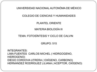 UNIVERSIDAD NACIONAL AUTONÓMA DE MÉXICO

         COLEGIO DE CIENCIAS Y HUMANIDADES

                  PLANTEL ORIENTE

                 MATERIA BIOLOGÍA III

      TEMA: FOTOSÍNTESIS Y CICLO DE CALVIN

                     GRUPO: 515

INTEGRANTES:
LIMA FUENTES CARLOS MICHEL ( HIDRGOGENO,
HIDROGENO)
DIEGO CORDOVA UTRERA ( OXÍGENO, CARBONO)
HERNÁNDEZ RODRÍGUEZ LILIANA ( ACEPTOR, OXÍGENO)
 
