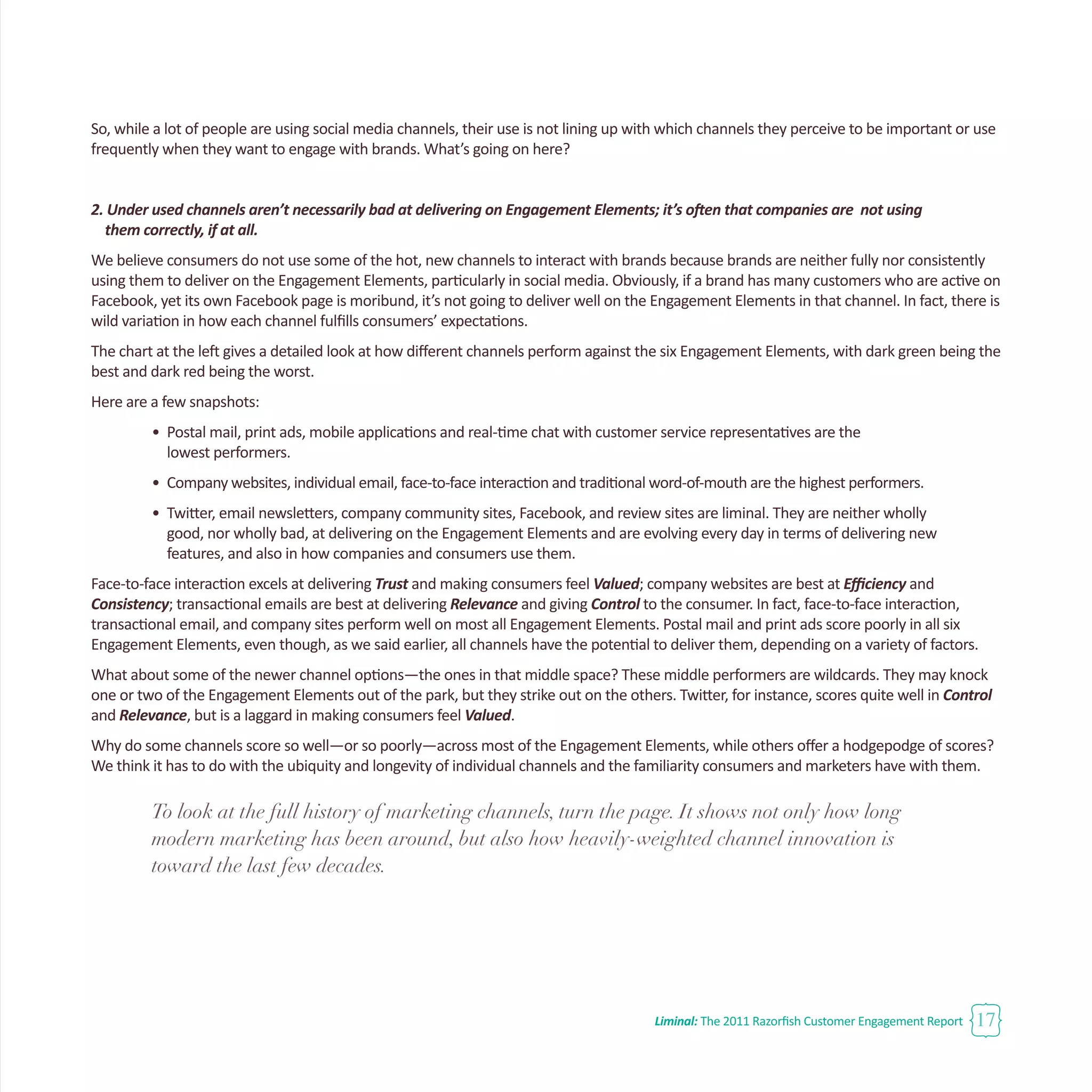 Liminal: The 2011 Razorfish Customer Engagement Report 17
So, while a lot of people are using social media channels, their use is not lining up with which channels they perceive to be important or use
frequently when they want to engage with brands. What’s going on here?
2. Under used channels aren’t necessarily bad at delivering on Engagement Elements; it’s often that companies are not using
them correctly, if at all.
We believe consumers do not use some of the hot, new channels to interact with brands because brands are neither fully nor consistently
using them to deliver on the Engagement Elements, particularly in social media. Obviously, if a brand has many customers who are active on
Facebook, yet its own Facebook page is moribund, it’s not going to deliver well on the Engagement Elements in that channel. In fact, there is
wild variation in how each channel fulfills consumers’ expectations.
The chart at the left gives a detailed look at how different channels perform against the six Engagement Elements, with dark green being the
best and dark red being the worst.
Here are a few snapshots:
•	 Postal mail, print ads, mobile applications and real-time chat with customer service representatives are the
	 lowest performers.
•	 Company websites, individual email, face-to-face interaction and traditional word-of-mouth are the highest performers.
•	 Twitter, email newsletters, company community sites, Facebook, and review sites are liminal. They are neither wholly 		
	 good, nor wholly bad, at delivering on the Engagement Elements and are evolving every day in terms of delivering new
	 features, and also in how companies and consumers use them.
Face-to-face interaction excels at delivering Trust and making consumers feel Valued; company websites are best at Efficiency and
Consistency; transactional emails are best at delivering Relevance and giving Control to the consumer. In fact, face-to-face interaction,
transactional email, and company sites perform well on most all Engagement Elements. Postal mail and print ads score poorly in all six
Engagement Elements, even though, as we said earlier, all channels have the potential to deliver them, depending on a variety of factors.
What about some of the newer channel options—the ones in that middle space? These middle performers are wildcards. They may knock
one or two of the Engagement Elements out of the park, but they strike out on the others. Twitter, for instance, scores quite well in Control
and Relevance, but is a laggard in making consumers feel Valued.
Why do some channels score so well—or so poorly—across most of the Engagement Elements, while others offer a hodgepodge of scores?
We think it has to do with the ubiquity and longevity of individual channels and the familiarity consumers and marketers have with them.
To look at the full history of marketing channels, turn the page. It shows not only how long
modern marketing has been around, but also how heavily-weighted channel innovation is
toward the last few decades.
 