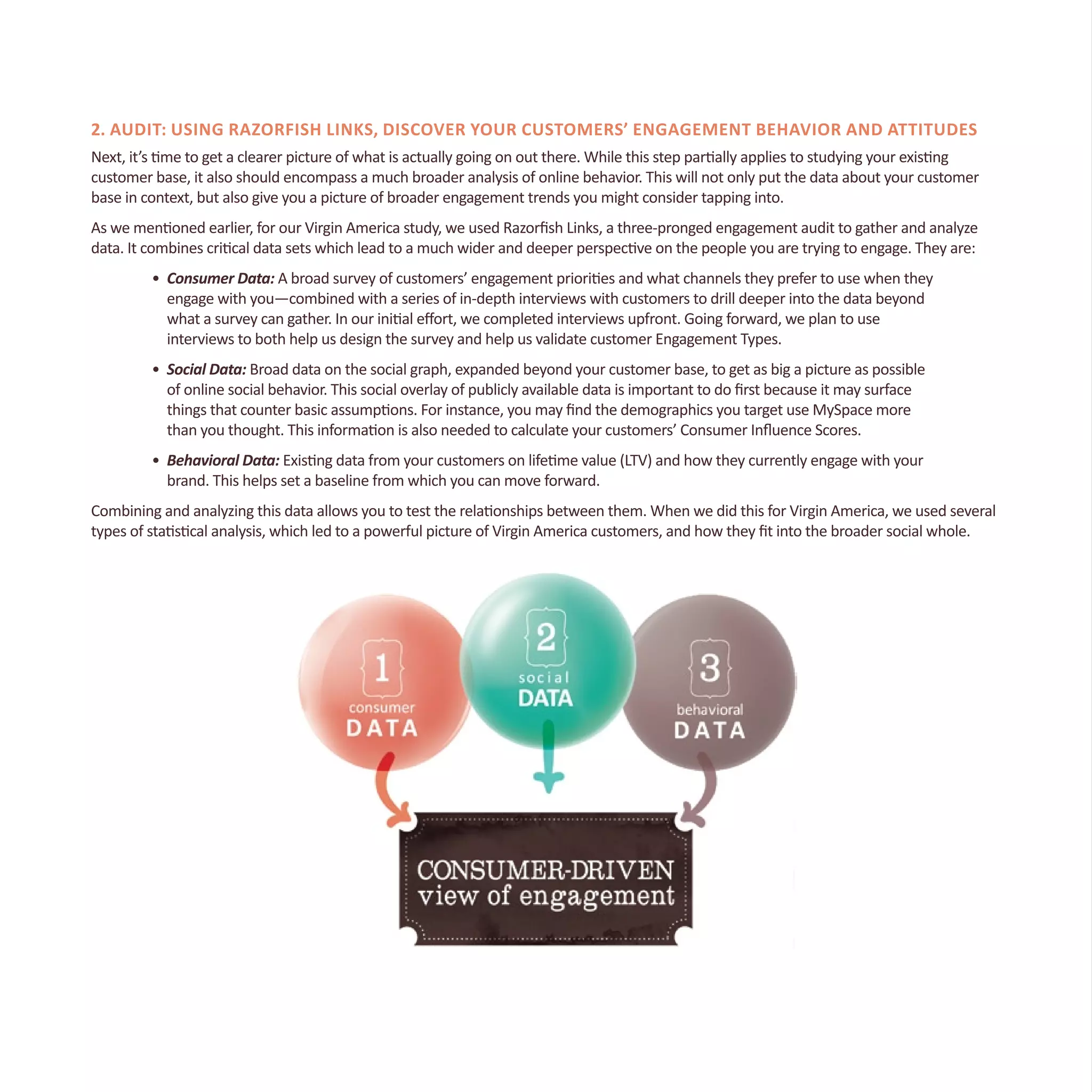 2. Audit: Using Razorfish Links, Discover Your Customers’ Engagement Behavior and Attitudes
Next, it’s time to get a clearer picture of what is actually going on out there. While this step partially applies to studying your existing
customer base, it also should encompass a much broader analysis of online behavior. This will not only put the data about your customer
base in context, but also give you a picture of broader engagement trends you might consider tapping into.
As we mentioned earlier, for our Virgin America study, we used Razorfish Links, a three-pronged engagement audit to gather and analyze
data. It combines critical data sets which lead to a much wider and deeper perspective on the people you are trying to engage. They are:
•	 Consumer Data: A broad survey of customers’ engagement priorities and what channels they prefer to use when they 		
	 engage with you—combined with a series of in-depth interviews with customers to drill deeper into the data beyond
	 what a survey can gather. In our initial effort, we completed interviews upfront. Going forward, we plan to use
	 interviews to both help us design the survey and help us validate customer Engagement Types.
•	 Social Data: Broad data on the social graph, expanded beyond your customer base, to get as big a picture as possible
	 of online social behavior. This social overlay of publicly available data is important to do first because it may surface
	 things that counter basic assumptions. For instance, you may find the demographics you target use MySpace more 		
	 than you thought. This information is also needed to calculate your customers’ Consumer Influence Scores.
•	 Behavioral Data: Existing data from your customers on lifetime value (LTV) and how they currently engage with your 		
	 brand. This helps set a baseline from which you can move forward.
Combining and analyzing this data allows you to test the relationships between them. When we did this for Virgin America, we used several
types of statistical analysis, which led to a powerful picture of Virgin America customers, and how they fit into the broader social whole.
 