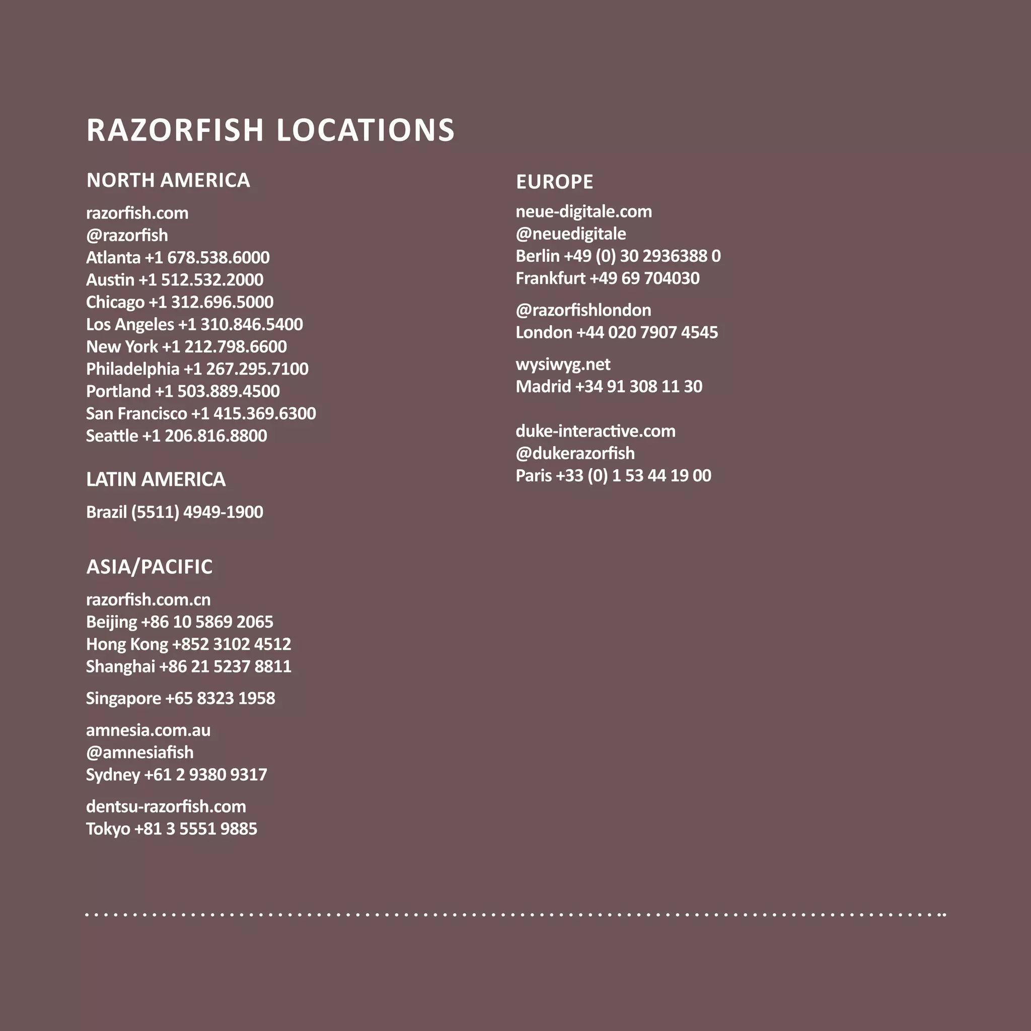 RAZORFISH LOCATIONS
NORTH AMERICA
razorfish.com
@razorfish
Atlanta +1 678.538.6000
Austin +1 512.532.2000
Chicago +1 312.696.5000
Los Angeles +1 310.846.5400
New York +1 212.798.6600
Philadelphia +1 267.295.7100
Portland +1 503.889.4500
San Francisco +1 415.369.6300
Seattle +1 206.816.8800
LATIN AMERICA
Brazil (5511) 4949-1900
Asia/Pacific
razorfish.com.cn
Beijing +86 10 5869 2065
Hong Kong +852 3102 4512
Shanghai +86 21 5237 8811
Singapore +65 8323 1958
amnesia.com.au
@amnesiafish
Sydney +61 2 9380 9317
dentsu-razorfish.com
Tokyo +81 3 5551 9885
Europe
neue-digitale.com
@neuedigitale
Berlin +49 (0) 30 2936388 0
Frankfurt +49 69 704030
@razorfishlondon
London +44 020 7907 4545
wysiwyg.net
Madrid +34 91 308 11 30
duke-interactive.com
@dukerazorfish
Paris +33 (0) 1 53 44 19 00
 
