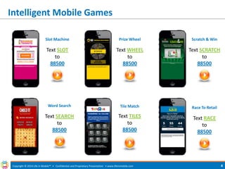 Word Search 
Text SEARCH 
to 88500 
Intelligent Mobile Games 
Copyright © 2014 Life in Mobile™ • Confidential and Proprietary Presentation • 
www.lifeinmobile.com 
4 
Slot Machine 
Text SLOT to 88500 
Tile Match 
Text TILES to 88500 
Prize Wheel 
Text WHEEL to 88500 
Scratch & Win 
Text SCRATCH 
to 88500 
Race To Retail 
Text RACE 
to 88500  