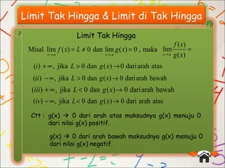 Limit Tak Hingga & Limit di Tak Hingga
Limit Tak Hingga
maka,0)(limdan0)(limMisal =≠=
→→
xgLxf
axax
=
→ )(
)(
lim
xg
xf
ax
atasarahdari0)(dan0jika,)( →>∞+ xgLi
bawaharahdari0)(dan0jika,)( →>∞− xgLii
bawaharahdari0)(dan0jika,)( →<∞+ xgLiii
atasarahdari0)(dan0jika,)( →<∞− xgLiv
Ctt : g(x)  0 dari arah atas maksudnya g(x) menuju 0
dari nilai g(x) positif.
g(x)  0 dari arah bawah maksudnya g(x) menuju 0
dari nilai g(x) negatif.
 